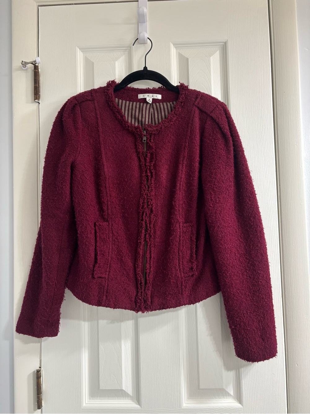CAbi Burgundy Bouclé Zip Front Jacket Size 4